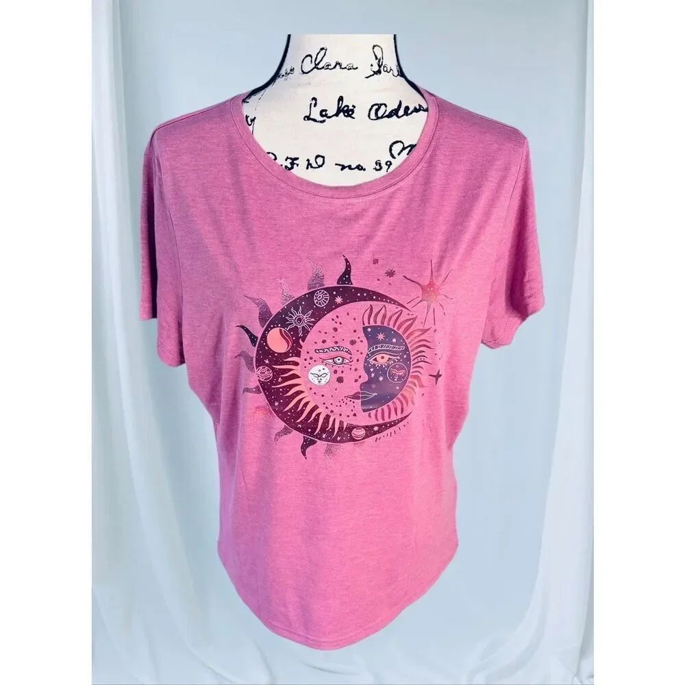 Shein Women’s Size XL Pink Short Sleeve Sun and Moon T-Shirt Top